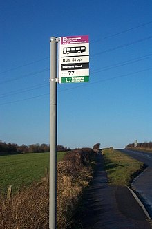 A bus stop in Creswell, Derbyshire, one of thousands of locations in the NaPTAN dataset. Bus Stop, Sheffield Road - geograph.org.uk - 113067.jpg