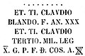 Reproduction d’une inscription épigraphique sur la tombe de Tiberius Claudius Blandus avec la B barre médiane.