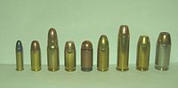Round comparison 22 Long Rifle (lead round nose), .32 ACP/7.65mm Browning, 7.62×25mm Tokarev, .380 ACP / 9mm Kurz, 9mm Makarov, 9×19mm Parabellum, .38 Special (hollow point), .40 Smith & Wesson, .45 ACP (hollow point)