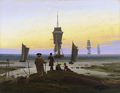 The Stages of Life (Die Lebensstufen (1835). Museum der Bildenden Künste, Leipzig. The Stages of Life is a meditation on the artist's own mortality, depicting five ships at various distances from the shore. The foreground similarly shows five figures at different stages of life.[101]