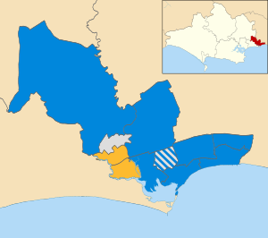 Map of the results of the 2007 Christchurch Borough Council election. Conservatives in blue, Liberal Democrats in yellow and independents in grey. Christchurch UK local election 2007 map.svg