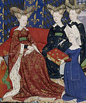 フランス王妃イザボーに本を贈るクリスティーヌ・ド・ピザン。イザボーと侍女たちは髪を角形に束ね、その上から宝石をあしらったハート形の「ブールレ」（詰め物がされることもある）をかぶっている。ピサンは白い布でおおわれた二股のエナンである。