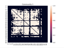 Data Analysis Heat Map Example: Subgraph of one of five hub nodes with a large degree of centrality in a genomic region in mice (Mus musculus) called the Hist1 region, where each cell in the graph represents one edge in the genomic network. Community Heatmap.png