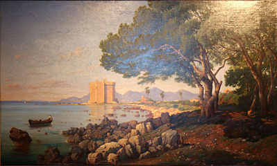 Panorama sur le monastère fortifié de l'île Saint-Honnorat, Cannes, musée de la Castre.