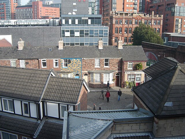 Shot of the former Coronation Street exterior set at Granada Studios. The set is close to Manchester city centre, hence the high rise buildings, which