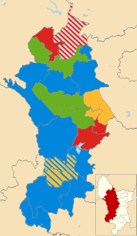 Map showing the composition of Derbyshire Dales District Council as of May 2023. Striped wards have mixed representation. DDDC Wards 2023.svg