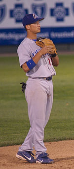 Barney playing for the Peoria Chiefs, Single-A affiliate of the Chicago Cubs, in 2007. Darwin Barney 2007.jpg