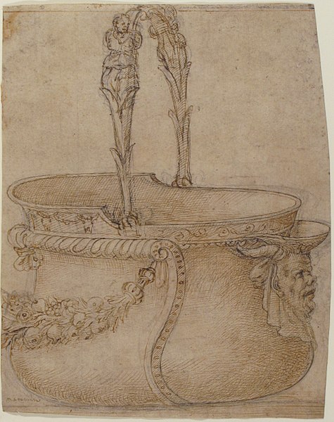 File:Design for a Bucket-Like Vessel with a Handle of Two Interlaced Captives, on a Body Adorned with a Scroll, Garland, and a Spout with a Satyr's Head. MET 49.19.68.jpg