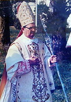 Catholic bishop dressed for the Sacrifice of the Mass. No Pontifical gloves.