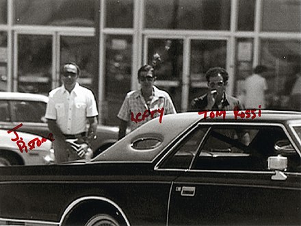 An FBI surveillance photograph of Joseph D. Pistone (aka Donnie Brasco), Benjamin "Lefty" Ruggiero and Edgar Robb (aka Tony Rossi), 1980s