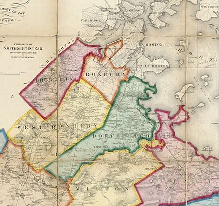 1858 map of north-central Norfolk County, showing Brookline (upper left) along with Dorchester, Roxbury and West Roxbury, all three of which were later annexed by Boston