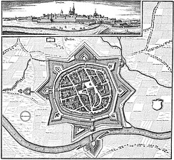 Merian-ets van Dorsten uit 1633; op de plattegrond is het zuiden boven.