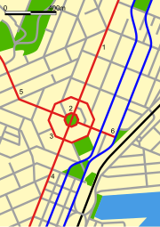 Central Dunedin. Moray Place is the large octagonal street marked in red (numbered 3) Dunedin central map.svg