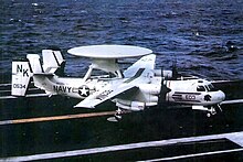 A VAW-113 E-2B after landing on USS Coral Sea in 1979 E-2B VAW-113 CV-43 1979.jpg