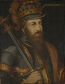 a dark-shaded drawing of a bearded man bearing a sword