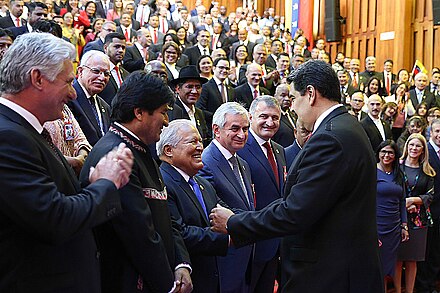 Presidents of Cuba, Bolivia and El Salvador greet Maduro at Maduro's second inauguration on 10 January 2019 El Salvador President at Maduro inauguration 2019 02.jpg