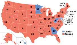The Reagan-Bush ticket won the 1980 presidential election with 50.7% of the popular vote and a large majority of the electoral vote. ElectoralCollege1980.svg