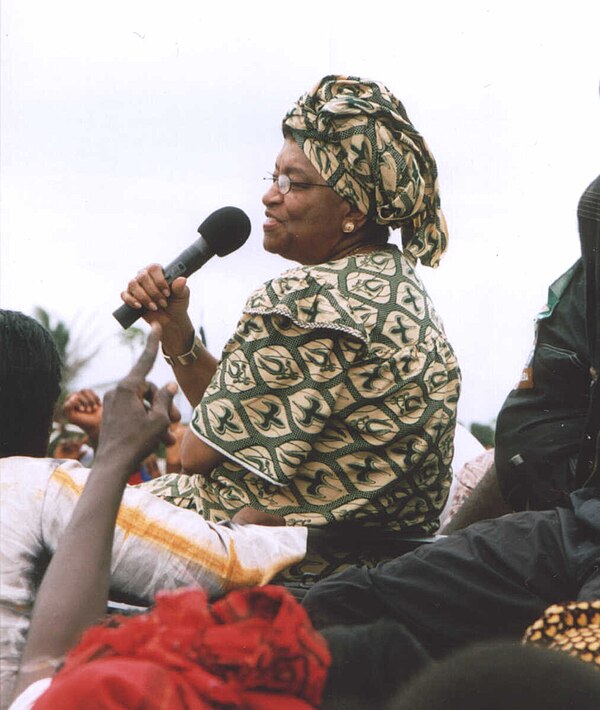 Sirleaf campaigning in Monrovia in 2005, shortly before she was elected