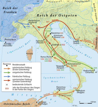 <span class="mw-page-title-main">Gothic War (535–554)</span> A war between the Byzantine Empire and the Ostrogothic Kingdom of Italy