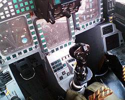 A fly-by-wire centre stick in a preproduction Eurofighter Typhoon cockpit Eurofighter Typhoon cockpit.jpg