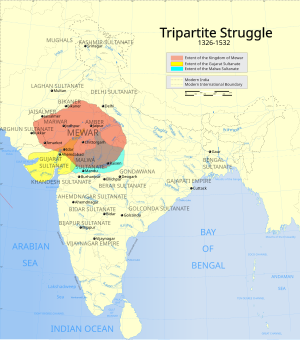 Extent of the Kingdom of Mewar, Malwa Sultanate and Gujarat Sultanate in their respective peaks.svg