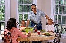 An African American family eating a meal in a middle or upper middle class setting. African American communities often have other elements of distinctive food culture that is not just determined by class. Family eating lunch.jpg