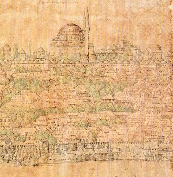 Appearance of the Fatih Mosque before the earthquake, painted in 1559.