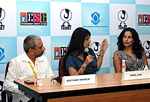 Choudhury (right) at the Indian Panorama Feature Film Press Conference in 2009 Film personalities Ms. Sona Jain, Ms. Sarita Choudhury and Shri Amitabh Shukla addressing at the Indian Panorama Feature Film Press Conference 'For Real' during the 40th International Film Festival (IFFI-2009), at Panaji.jpg