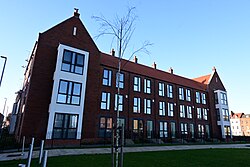 The front of the Finkle Court housing complex facing Blanket Row and Queen Street in Kingston upon Hull.