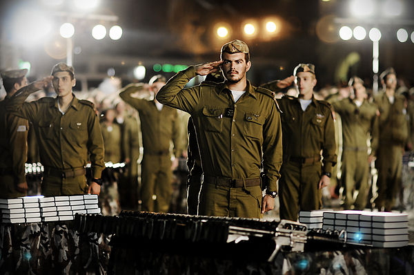 Members of the Israeli Defence Force in their olive-green Madei Alef service dress uniform.