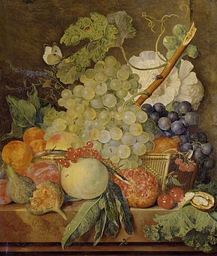 Fruit on a marble top and in a wicker basket with flowers and a cabbage white label QS:Len,"Fruit on a marble top and in a wicker basket with flowers and a cabbage white" label QS:Lpl,"Owoce na marmurze w wiklinowym koszu z kwiatami i białą kapustą" label QS:Lnl,"Fruit op een marmeren blad en in een rieten mand met bloemen en een koolwitje" 1743. oil on copper medium QS:P186,Q296955;P186,Q753,P518,Q861259 . 47 × 40.5 cm (18.5 × 15.9 in). Schwerin, Staatliches Museum Schwerin