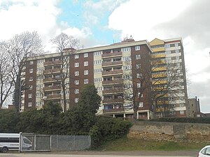 George Wright House with Luke Williams House behind George Wright House with Luke Williams House behind, Horsefair flats, Pontefract (7th March 2022).jpg