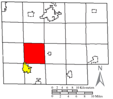 Location of Greenfield Township (red) in Huron County, next to the city of Willard (yellow).