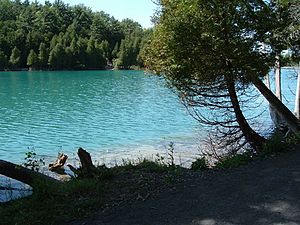 View of Green Lake from the east bank.  The unusual green color is caused by