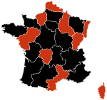 Outbreak evolution in France (updated 18 November 2009):
Confirmed deaths
Confirmed cases
No reported cases H1N1 France map.svg