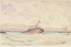 Painting of a ship sinking by the bow, with other ships providing assistance