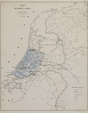 300px hua 29131 kaart van nederland met aanduiding van de plaatsen waar tussen 10 augustus 1865 en 24 februari 1866 rundertyfus is geconstateerd