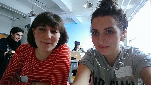 Two editors at Montreal's Art + Feminism Wikipedia Edit-a-thon, Quebec, Canada.