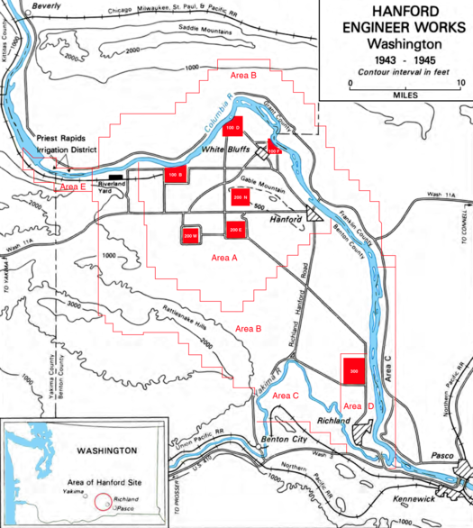Map of the Hanford Site. Railroads flank the plants to the north and south. Reactors are the three northernmost red squares, along the Columbia River. The separation plants are the lower two red squares from the grouping south of the reactors. The bottom red square is the 300 area. Hanford Engineer Works.png
