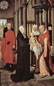 Presentation in the Temple, a representation of the presentation of Jesus at the Temple upon which the churching of women is based. (Hans Memling, c. 1470, Museo del Prado. Madrid). Hans Memling 029.jpg