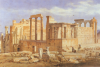 Two paintings showing the effect of Pittakis's restorations of the Erechtheion: left, by Edward Dodwell in 1821; right, by Christian Hansen in 1845