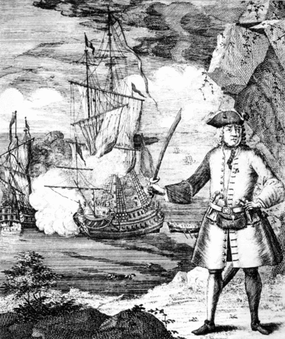 Pirate captain Henry Every is depicted on shore while his ship, the Fancy, engages an unidentified vessel.