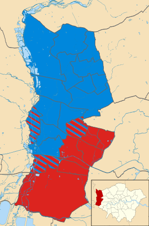 Map of the results of the 2014 Hillingdon council election. Conservatives in blue and Labour in red. Hillingdon London UK local election 2014 map.svg