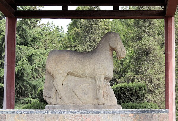 Statue of a horse trampling a Xiongnu warrior, at the mausoleum of Western Han general Huo Qubing (d. 117 BC), who fought in the Han–Xiongnu War. This