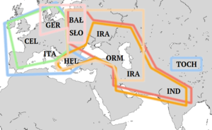 Mapa. Zachodnia Eurazja. Różne obszary z napisami, ograniczone kolorowymi liniami. Niektóre nachodzą na siebie