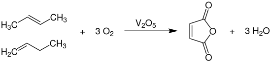 Selective partial oxidation of the butenes with atmospheric oxygen to maleic anhydride and water in the presence of a vanadium pentoxide catalyst