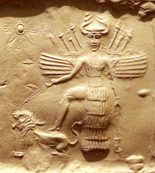 Goddess Ishtar on an Akkadian Empire seal, 2350–2150 BCE. She is equipped with weapons on her back, has a horned helmet, places her foot in a dominant