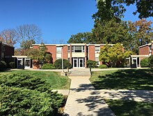 Ithaca Hall on the later Princeton campus, honoring the previous 1929-1932 location of the college Ithaca Hall at Westminster Choir College 2019.jpg