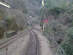 Cab view from a train. The train has entered a siding from the main track and is reversing into the station siding.