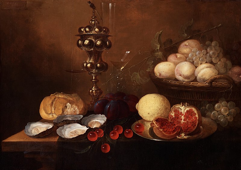 File:Jan van den Hecke - Still life with a silver beaker, oysters, pomegranate, cherries and grapes.jpg